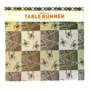 Nantucket Halloween Table Runner Black Gray Spider Webs Spooky Scary 14x36"